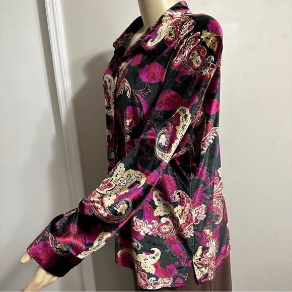 Vintage Y2K Denim & Co Floral Paisley Button Up Velvet Top Size 1X Whimigoth - Picture 5 of 10